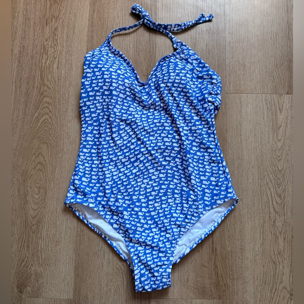 New Vineyard Vines Blue Whale Print One Piece Swimsuit L Adjustable Straps Lined